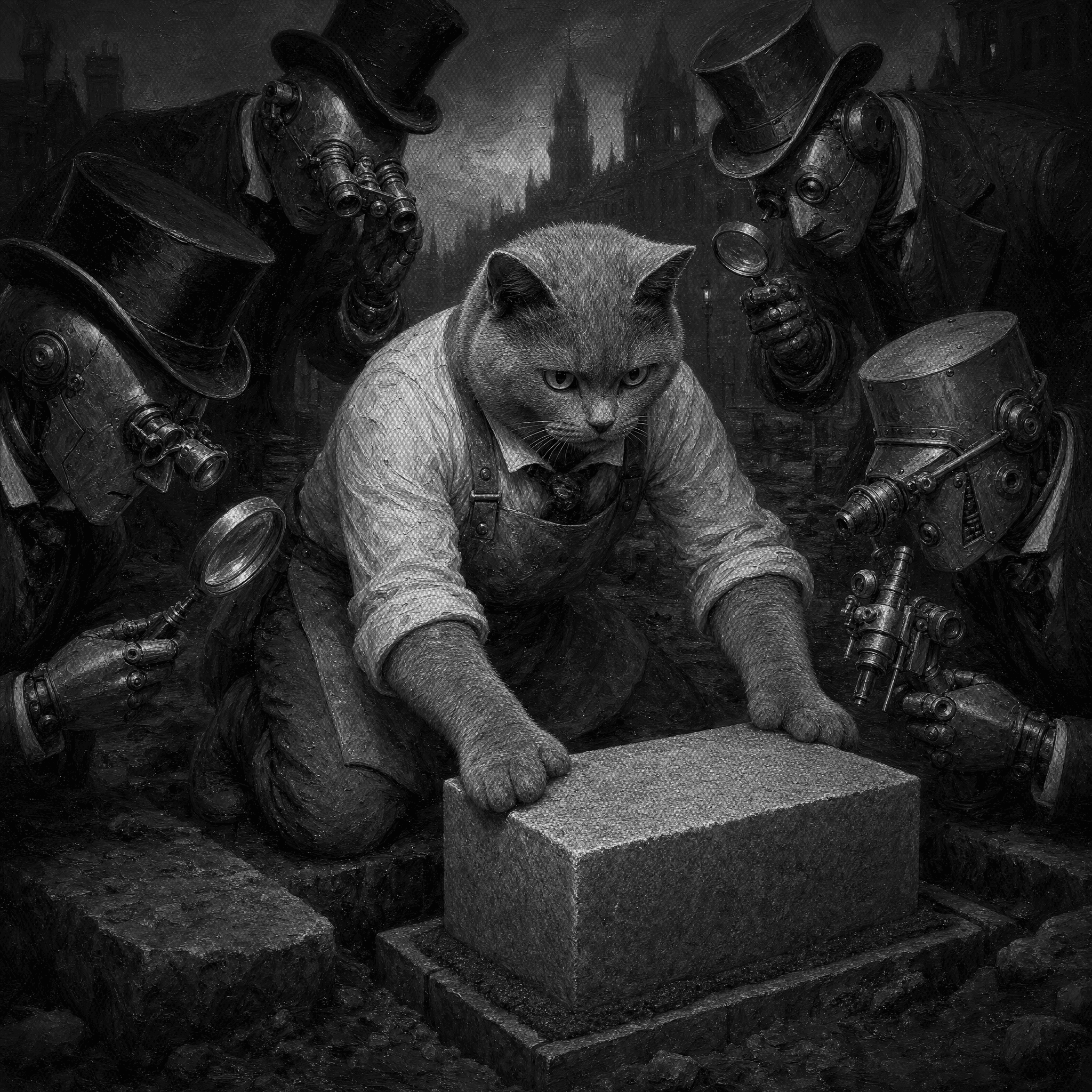 A Chartreux stonemason in a work apron kneeling to set one plain granite foundation stone, while four brass mechanical inspectors lean in to examine the same stone through different lenses